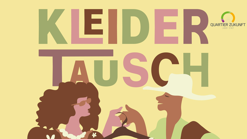 Kleider-Tausch-Poster mit zwei stilisierten Personen vor gelbem Hintergrund.